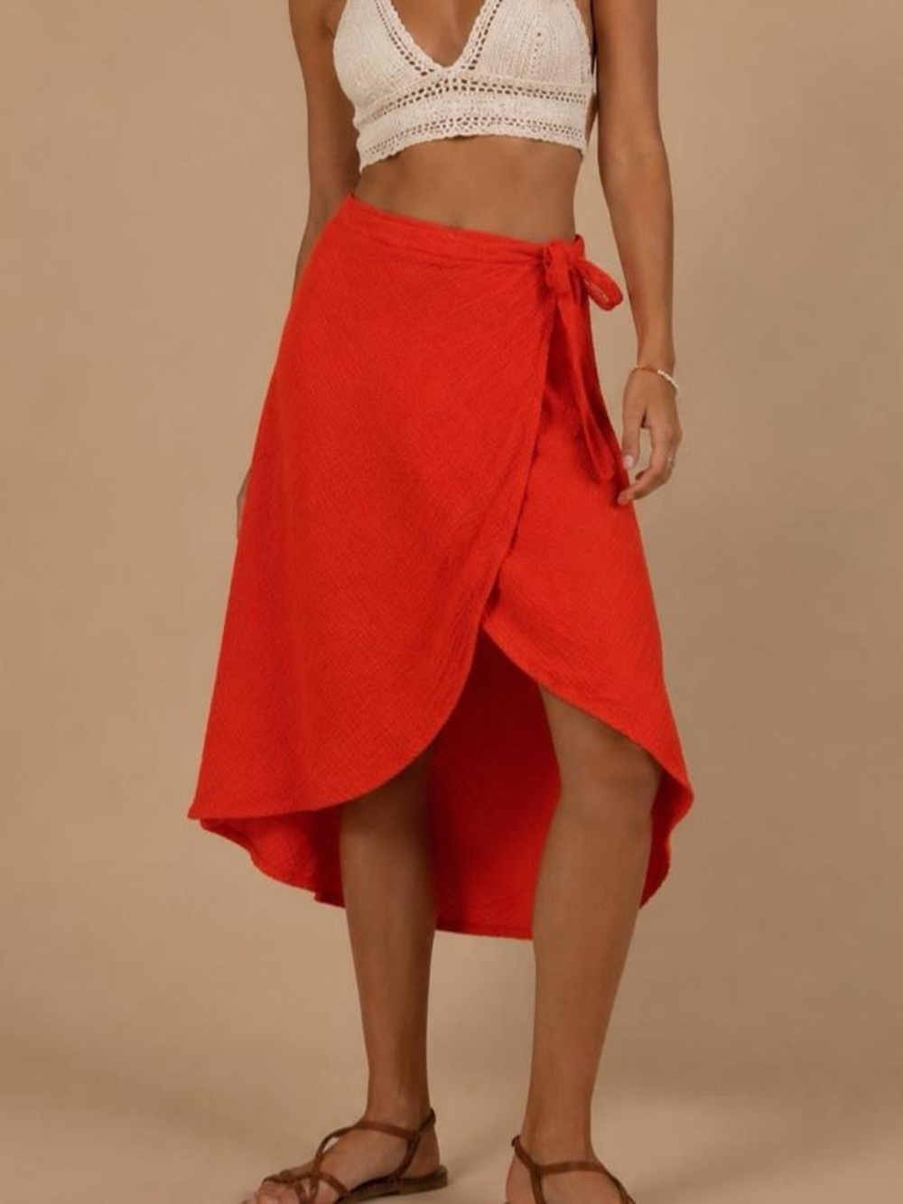 Mud Pie Large Orange Textured Faux Wrap Midi Skirt Tulip Hem 100% Cotton Y2K